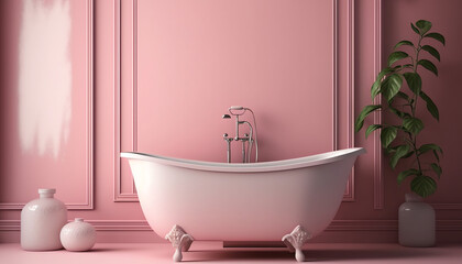 Fototapeta na wymiar Modern Bathroom interior design, white bathtub on grunge pink wall