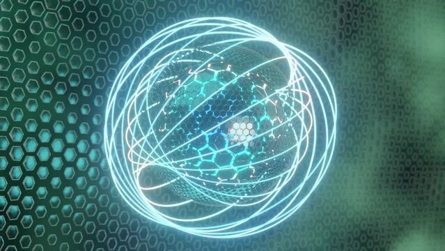 Loop 3d animation, design, digital graphics. Abstract futuristic sphere of many hexagons and neon rings on the background of many hexagons. Fantastic design of the Internet network.