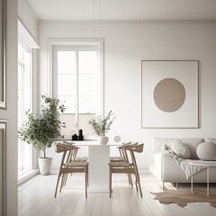 Minimalist mid-century living room interior with white decor, AI generative