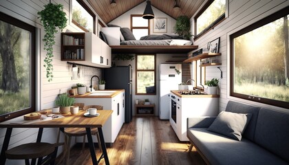 Tiny house interior with warm wooden decor, light and airy, AI generative