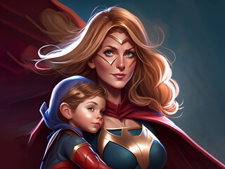 Naklejka premium mother dressed as a superhero holding her baby in her arms.