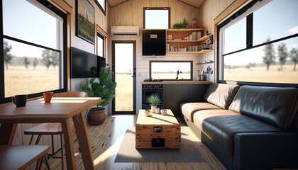 Tiny house interior with warm wooden decor, light and airy, AI generative - obrazy, fototapety, plakaty