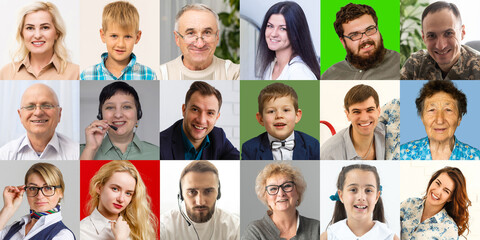 Hundreds of multiracial people crowd portraits headshots collection, collage mosaic. Many lot of multicultural different male and female smiling faces looking at camera. Diversity and society concept