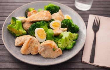 healthy appetizer of chicken pieces with broccoli and quail eggs in bowl for healthy lunch