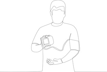 A man uses a blood pressure monitor. Hypertension one-line drawing