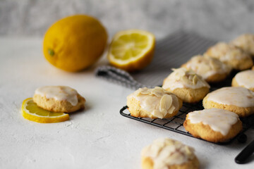 Homemade Italian lemon shortbread cookies with glaze and almond. Shortbread citrus biscuits on...