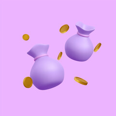 3d realistic money bag with falling golden coins in cartoon style. 3d realistic money object for poster or banner. Vector illustration