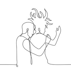 man and woman hugging - one line drawing vector. concept bed position big and small spoons