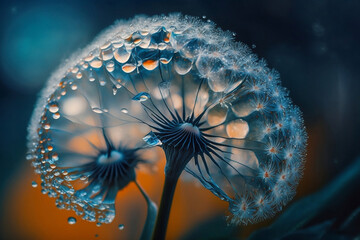 Dandelion seeds on blue with droplets. Generative AI.