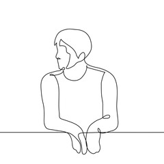 man looks into the distance leaning his elbows on the railing - one line drawing vector. concept reflection, observer