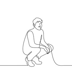 man squatting - one line drawing vector. concept man seated, in full growth