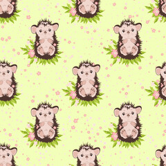Cute baby hedgehog amont flowers and leaves vector seamless pattern. Baby hedgehog funny spring garden illustration. Sweet childish design, textile print. Pink flowers, green leaves summer pattern