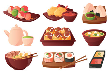 Traditional Japanese Food set concept in the flat cartoon style. Images of dishes of Japanese cuisine. Vector illustration.