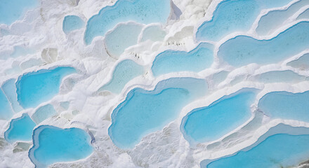 Fototapeta na wymiar Thermal springs, natural baths Pamukkale, banner landmark of Turkey. Aerial top view blue water in travertine pool