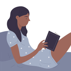 Lying in bed girl reading book. Reading interesting novel, book lover hobby vector illustration