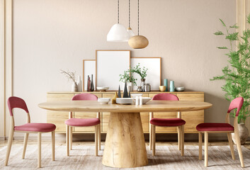 Interior of modern dining room, wooden table and red chairs against beige wall with sideboard, 3d rendering