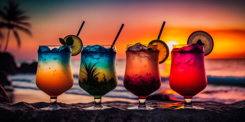 a row of tropical colorful cocktails on a tropical beach at sunset, generative ai - 581081706