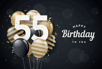 Happy 55th birthday balloons greeting card black background. 55 years anniversary. 55th celebrating with confetti. Vector stock