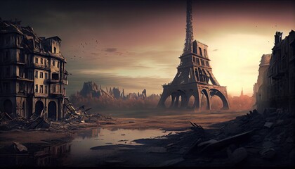 Apocalyptic view of destroyed Paris, post - apocalypse after world war. Generative AI