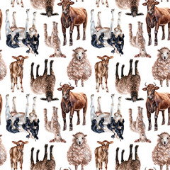Seamless hand-drawn drawing with farm animals: cows and sheep. Background for textiles, fabrics, banners, wrapping paper and other designs