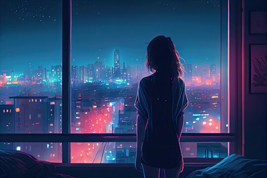lofi girl full - body, standing at balcony looking at city night lights, bedroom with neon accents. Generative AI.