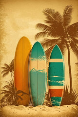 Surfboard on the tropical beach abstract background. Vintage tone color style. Generative ai
