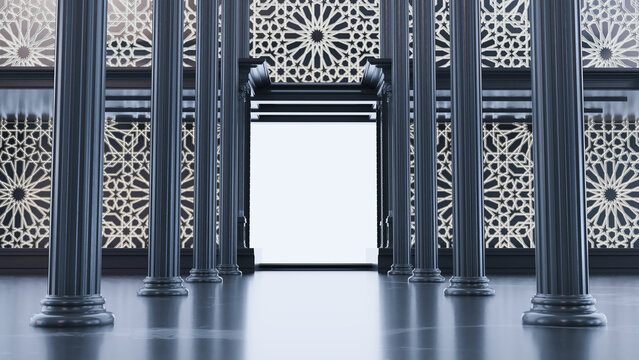 3D render of black columns with arabesque style, shaining door between columns