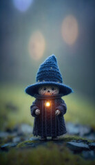 a cute knit witch with hat and bioluminescent particles, generative ai