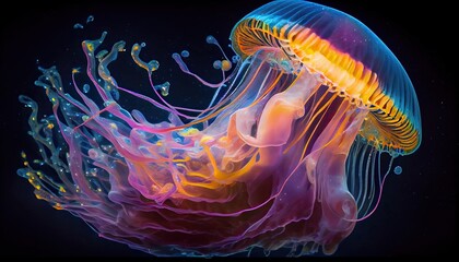 A colorful jellyfish floats in the center of the frame, its long, flowing tentacles undulating gracefully as it swims through the vibrant colors of a distant galaxy. Generative AI

