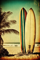 Surfboard on the tropical beach abstract background. Vintage tone color style. Generative ai
