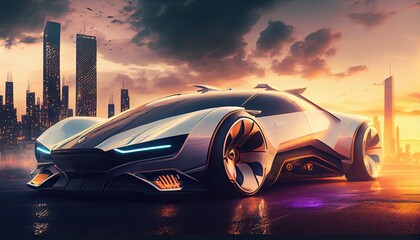 Obraz na płótnie Canvas A new futuristic electric Luxury sports car, with a modern city background. Generative AI