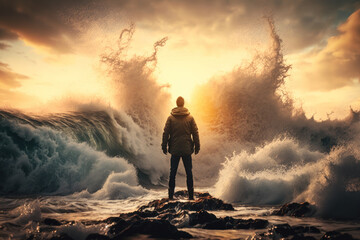 Man standing front of big strom wave on sunset sky abstract background. Challenge and brave concept. Generative AI - obrazy, fototapety, plakaty