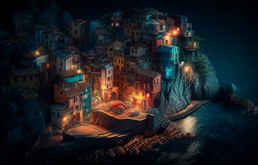 Village on the cliffs at night created with Generative AI technology