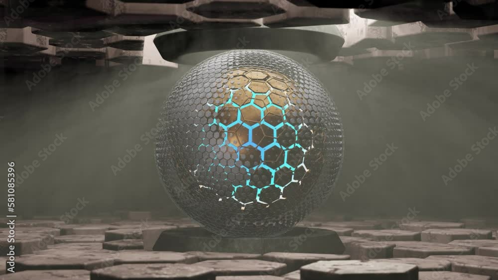 Poster loop futuristic 3d animation of a mysterious cosmic sphere made of metal hexagons in the space of mo