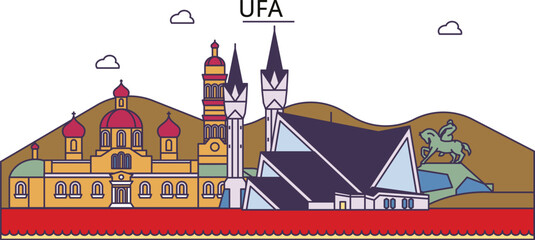 Russia, Ufa tourism landmarks, vector city travel illustration