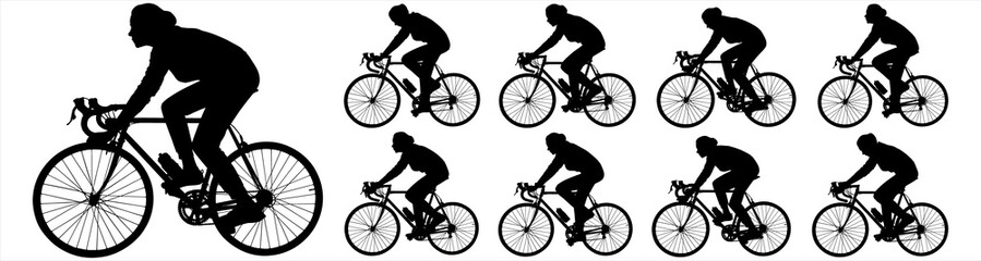 Fototapeta na wymiar Big set of female cyclists silhouettes. Girl riding a bike. A woman rides a bicycle. A group of cyclists. Sport. Competitions. Cycling. Side view. Black color silhouette isolated on white background