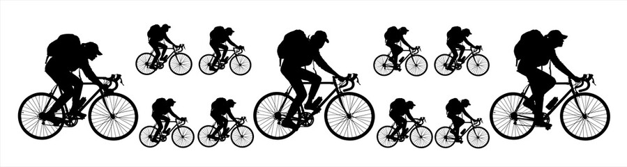 Big set of silhouettes. Girl in a cap on a bike with a big backpack. A woman in a hat rides a bicycle. A group of cyclists. Sport. Competitions. Side view. Black color silhouette on white background