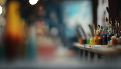 Close up paintbrushes on blurred indoor artistic studio background. Art tools. AI generative image.