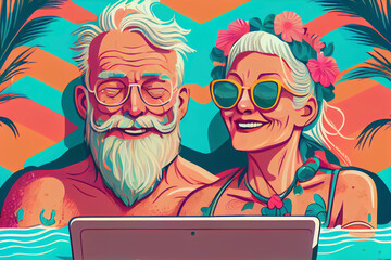 Illustration of elderly couple with laptop by the pool, Generative Ai