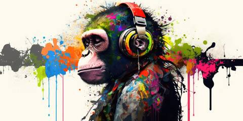 watercolor image of a chimpanzee with headphones, generative ai - 581086758