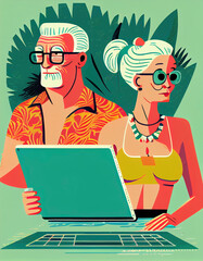 Illustration of elderly couple with laptop by the pool, Generative Ai - 581087314
