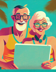 Illustration of elderly couple with laptop by the pool, Generative Ai - 581087347