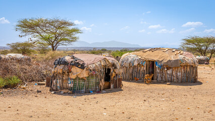 Village and houses of the Samburu tribe in Kenya.