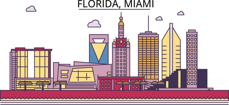 United States, Miami tourism landmarks, vector city travel illustration