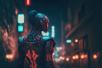 Fototapeta na wymiar Unique robots in neon lighting in cyberpunk style AI