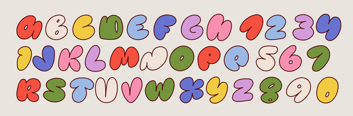 Colorful Latin  alphabet with airy thick letters. Font with numbers inflated figures in a cartoon children's style.	
