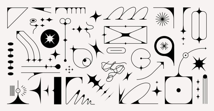 Magical vector image with abstract brutalism shapes, geometry, Y2K elements, and thin, linear lines. Perfect for use as a cover or background, adding a touch of creative magic to any project.