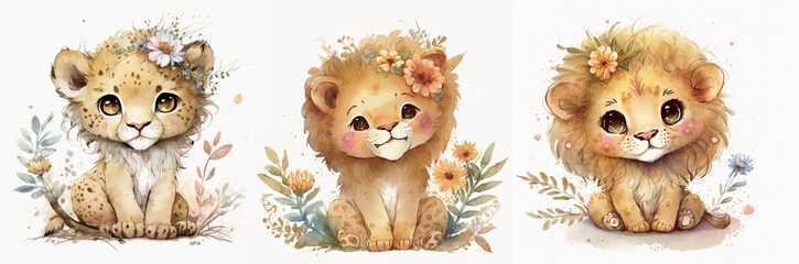African funny baby lion with flowers for kids . Watercolor  lion. Generative AI