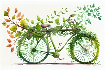 Watercolor Illustration of a Bicycle Covered With Green Leaf Tendril, Eco And Environment Concept, Sustainable Transport And Travel, Earth Day. Generative AI