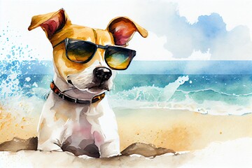 Obraz na płótnie Canvas Watercolor Illustration of a Cute Cartoon Summer Dog On A Beach In Sunglasses With Space For Copy ( ). Generative AI